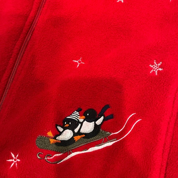 [L]Northern Reflections Red Fleece Vest with Winter Holiday Penguin Embroidery - Picture 2 of 8